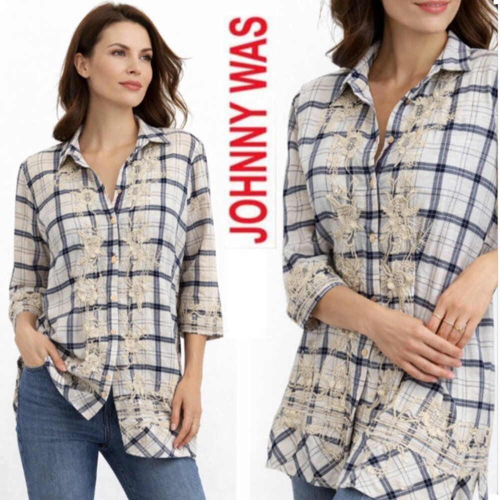 Johnny Was Cream and Navy Plaid shirt Button-down floral Embroidered medium